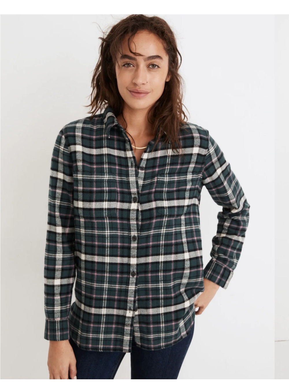 Madewell Flannel Classic Ex-Boyfriend Shirt Green - Picture 14 of 16